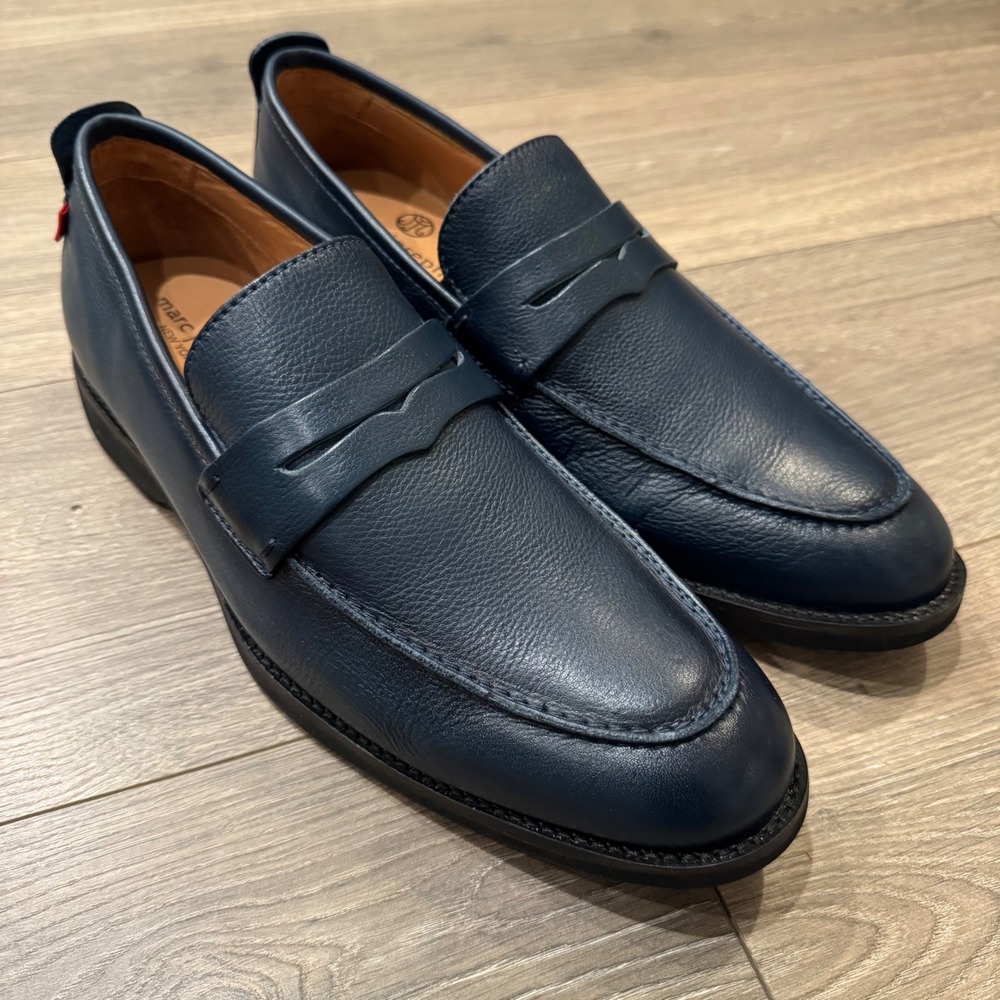 Marc Joseph New York Mens Navy Blue Grained Leather Penny Loafers Size 10 US